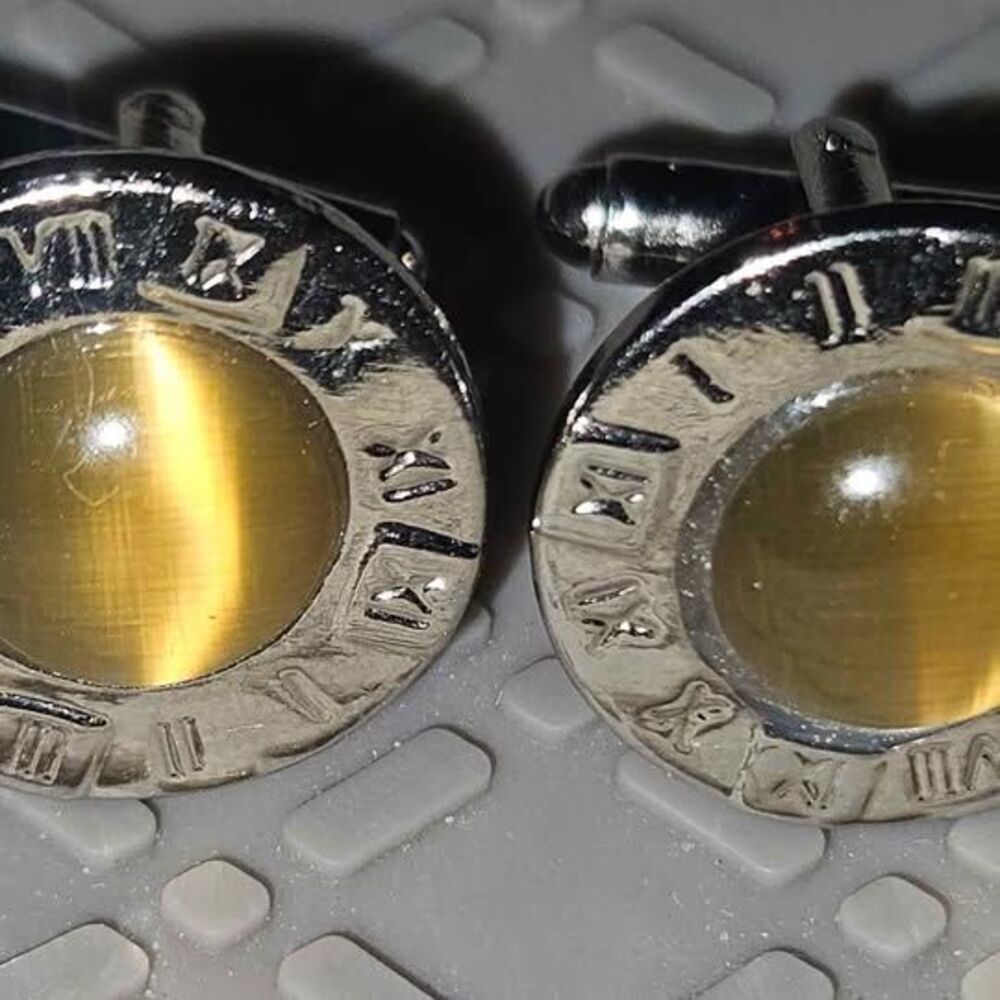 Silver-Tone Cat's Eye Cufflinks with Roman Numerals